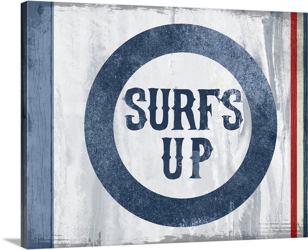 Red and blue surfing sign with "Surf's Up" printed on.