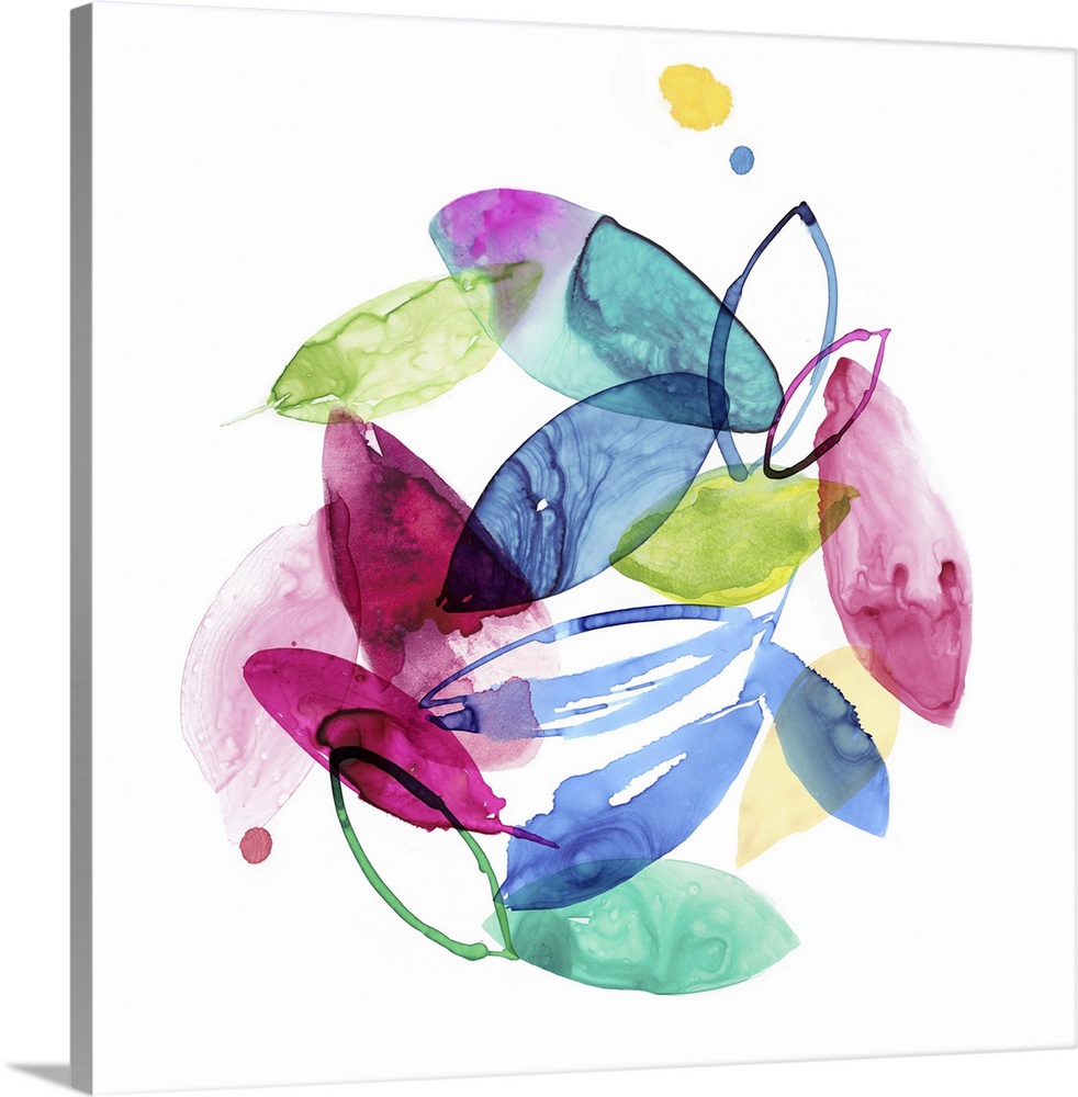 Contemporary home decor artwork of different colored watercolor paint marks against a white background.