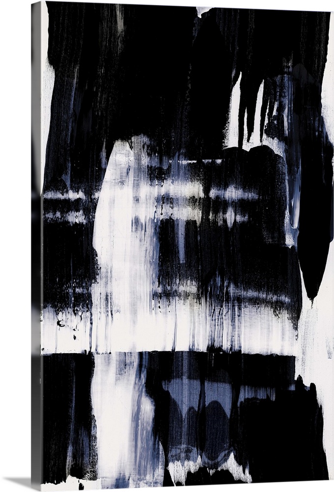 Abstract painting of large black and blue brush strokes on a white background