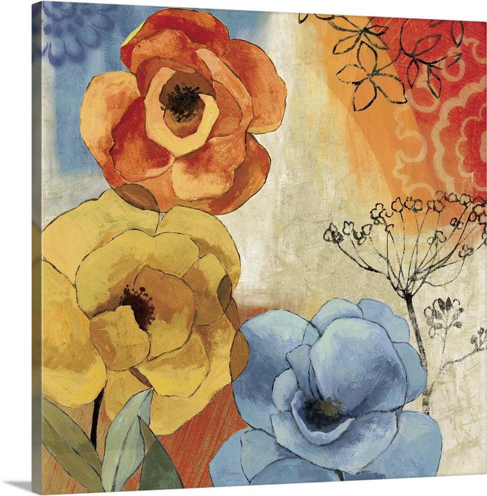 Contemporary home decor artwork of colorful flowers against a multi-colored background.