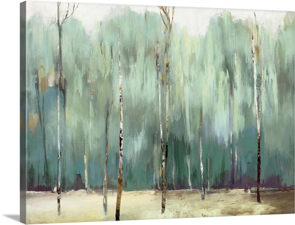 Contemporary artwork of a jade forest with thin trees.