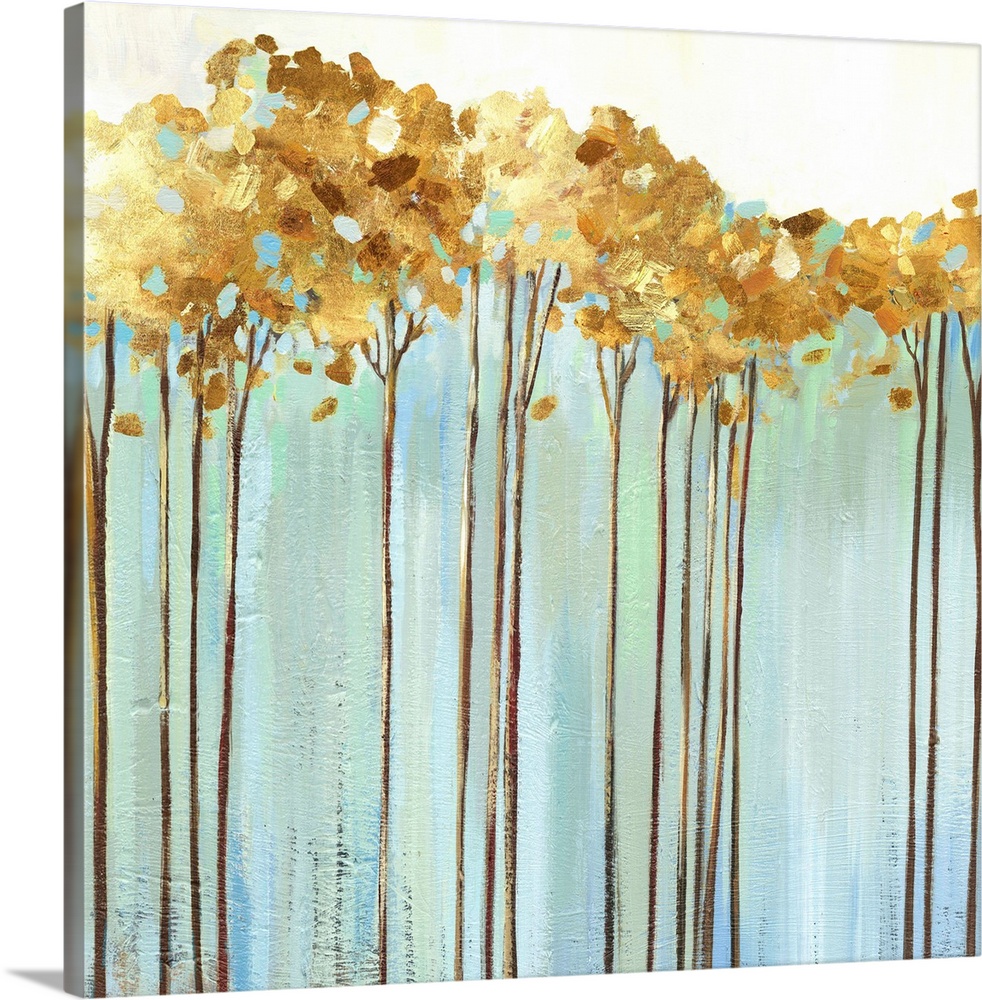 Contemporary painting of a row of slender trees with golden leaves over pale blue and cream.