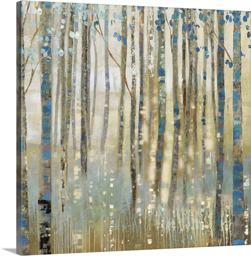 Contemporary home decor artwork of a golden forest with blue accented trees.