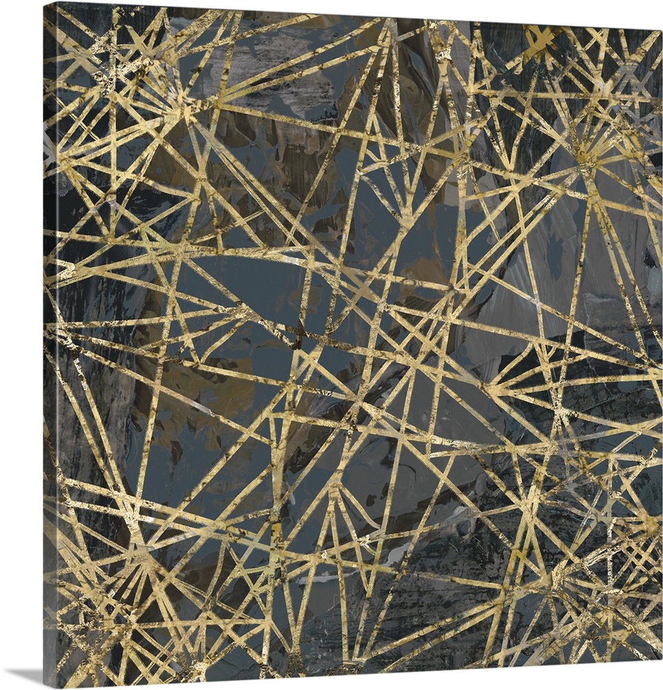 A square abstract painting of textured gold lines over a dark gray background