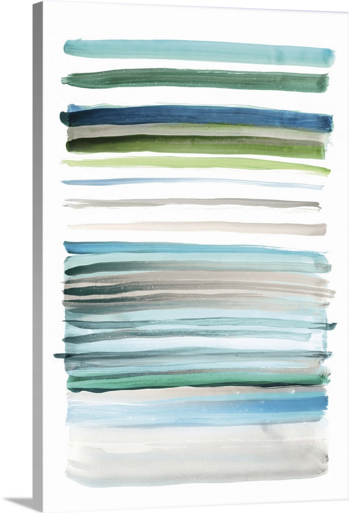 Abstract watercolor artwork of horizontal bands of varying widths in shades of turquoise, grey, and tan.