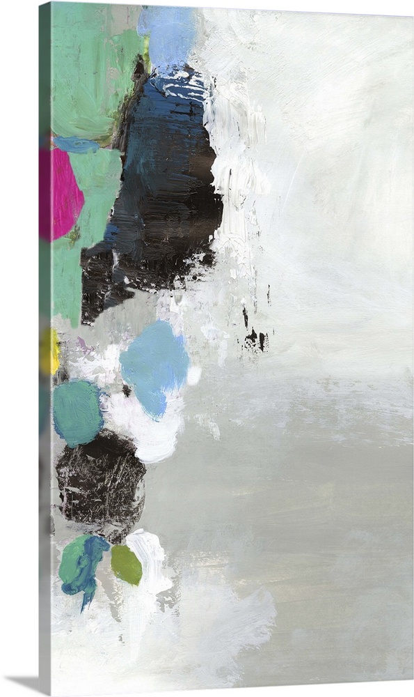 Vertical abstract of textured shades of gray with touches of vibrant colors of blue and pink.