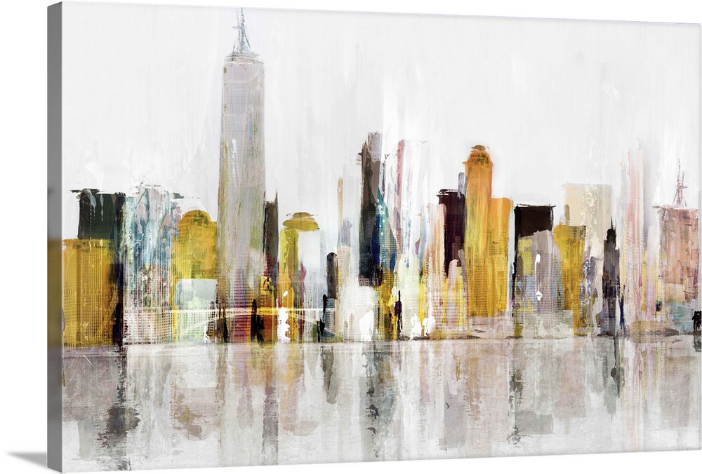 A multi-color painting of the city skyline of New York City along the Hudson river.