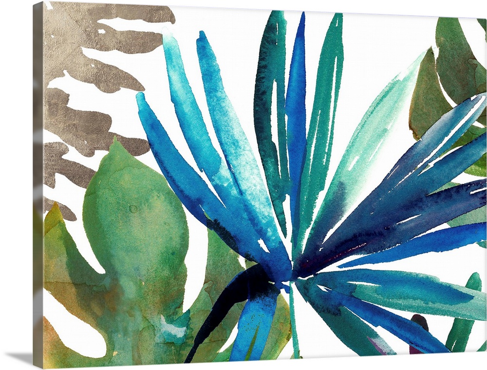 Watercolor ferns and palm fronds in cool tropical shades.
