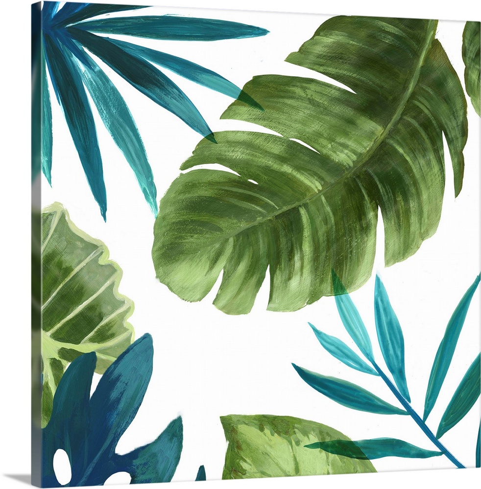 Painting of broad tropical leaves in blue and green.