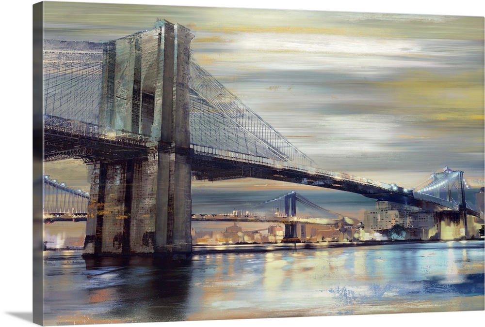 Contemporary home decor artwork of the Brooklyn bridge over the river at twilight.