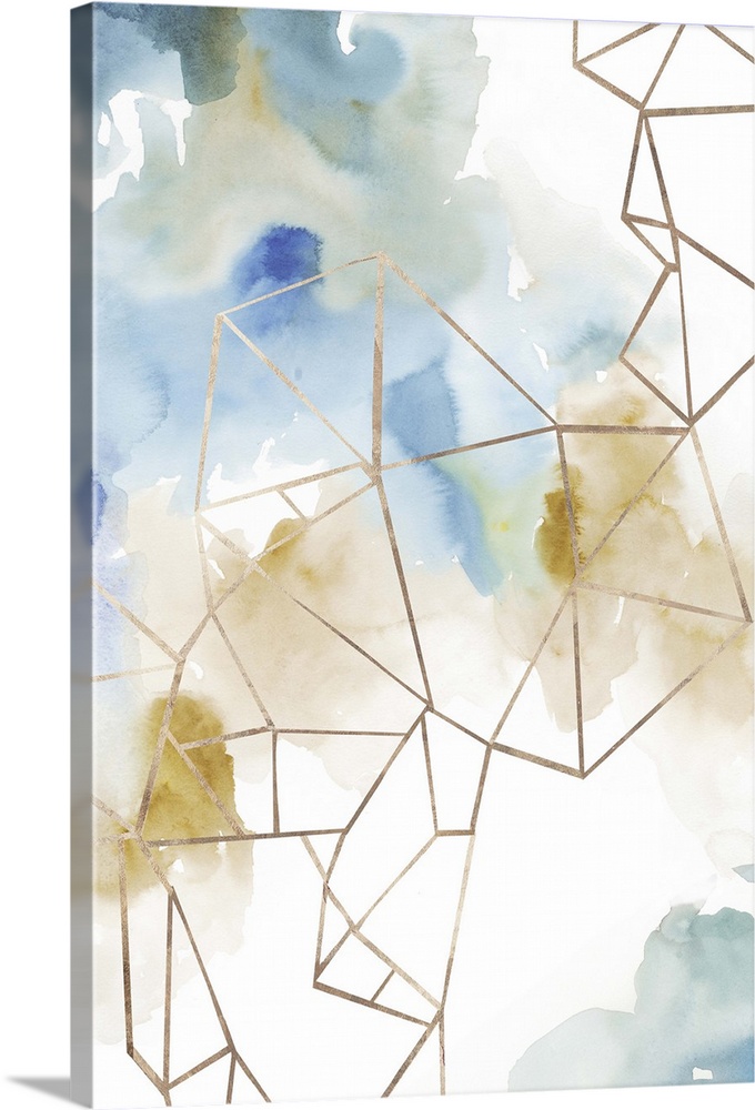 Abstract watercolor painting of blue and brown with geometric gold lines.