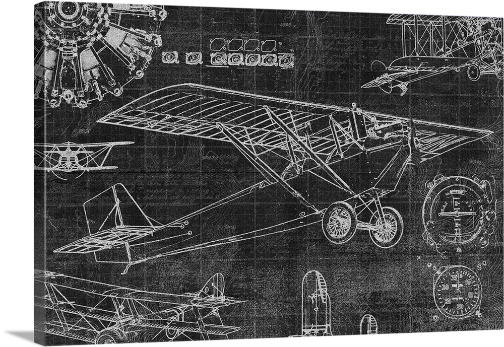 Diagram of a vintage airplane on black.