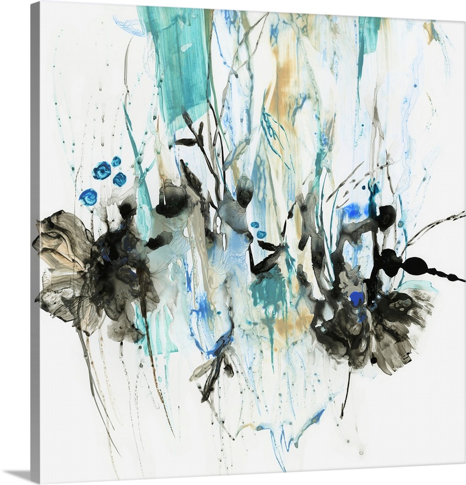 Square painting of splashes and drips of paint in shades of teal, gold and black.