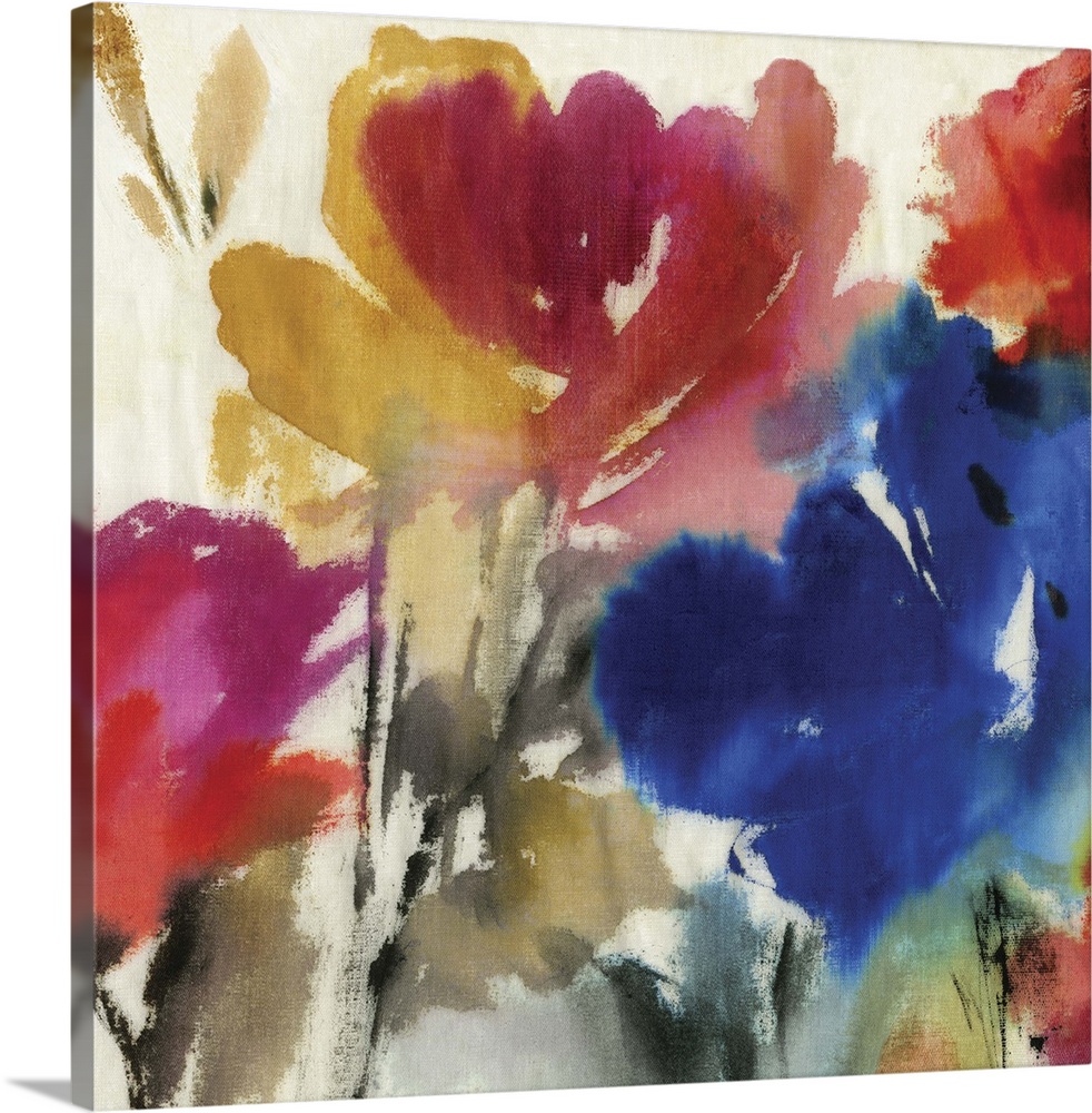 Contemporary watercolor home decor artwork of flowers against a neutral background.