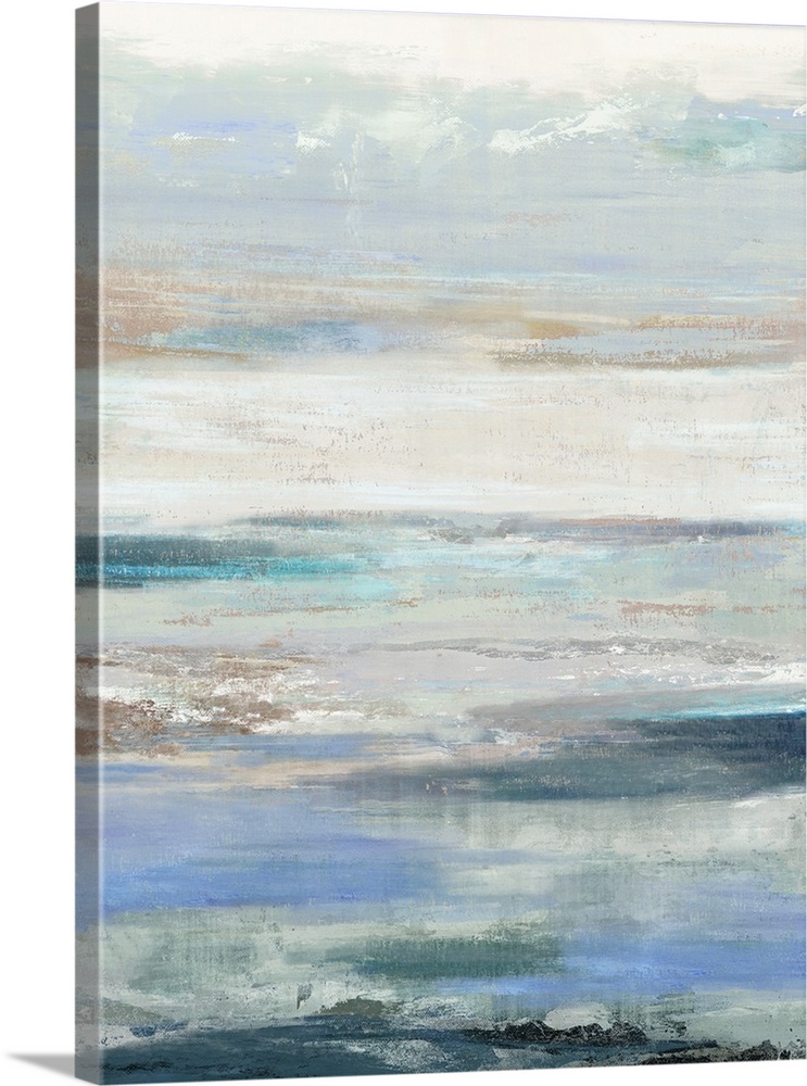 Semi-abstract artwork in shades of blue and white, resembling and ocean scene.