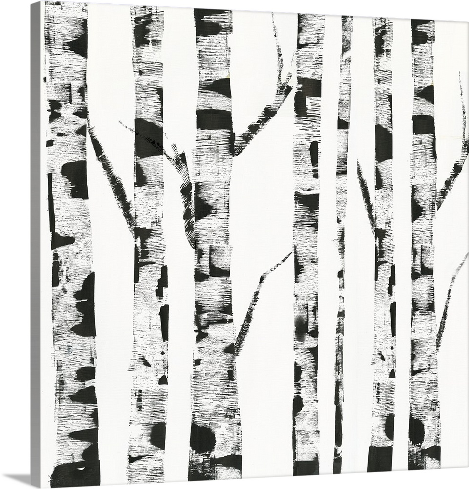 White and black artwork of birch trunks.