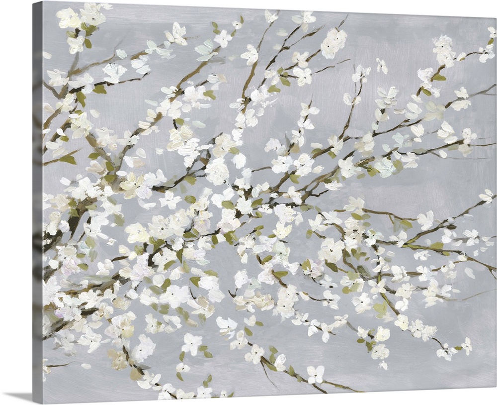 Contemporary painting of white floral blossoms on a gray background.