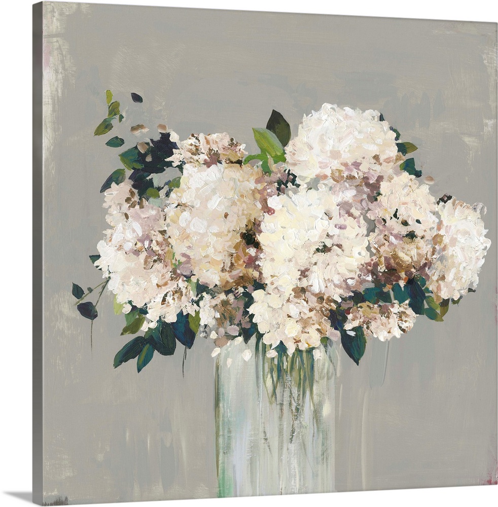 Bouquet of hydrangeas painted with a subdued color palette.