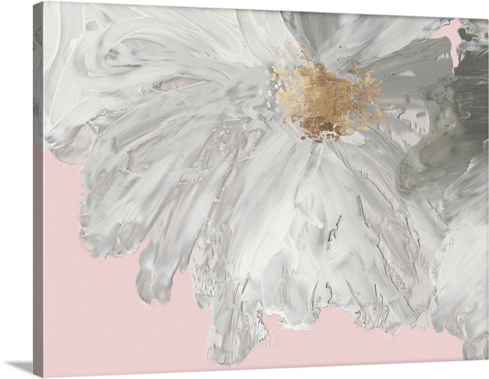 Decorative artwork with a large white peony on a pale pink background.