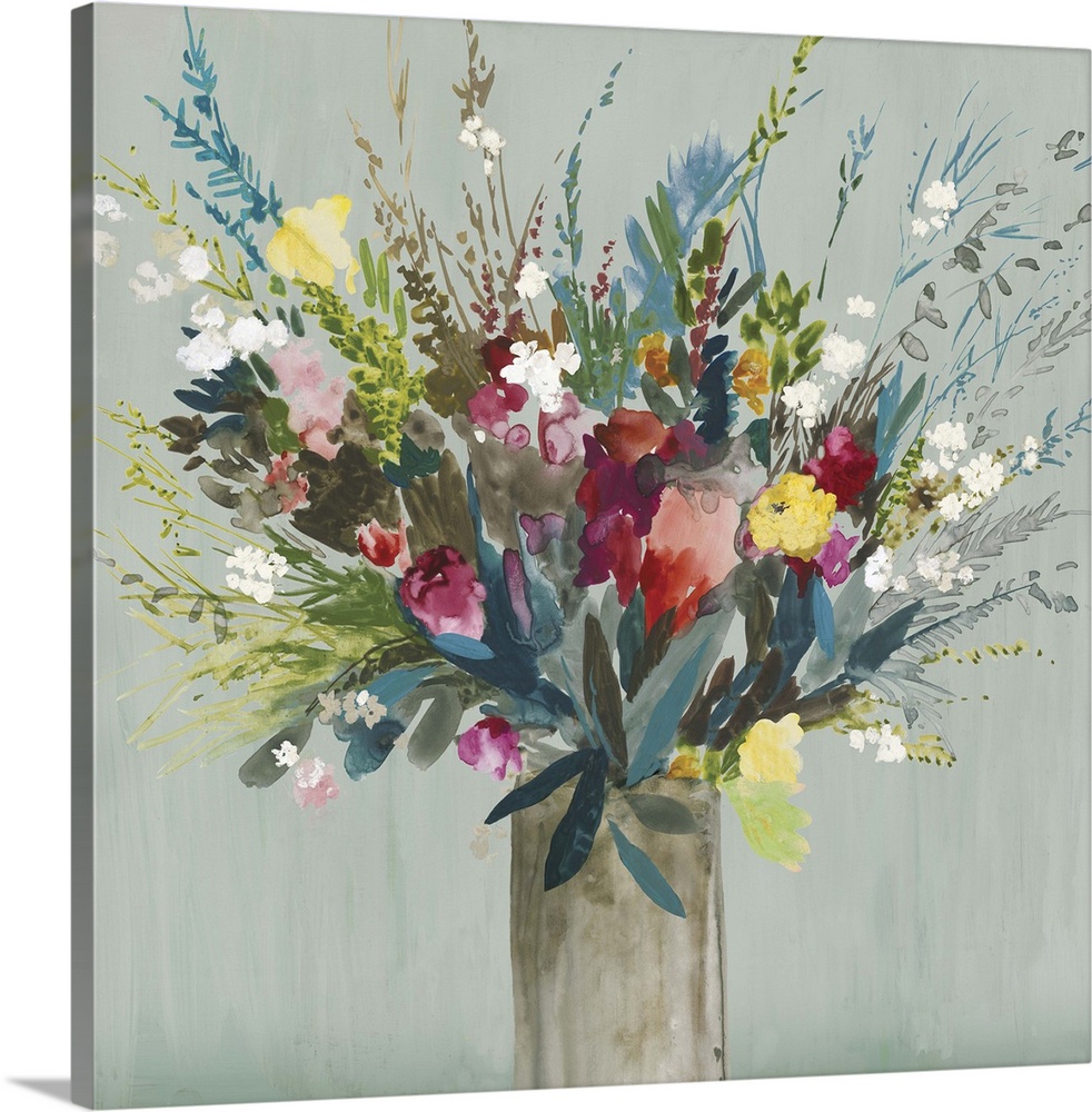 Contemporary artwork of a vase of brilliantly colored flowers and leaves.