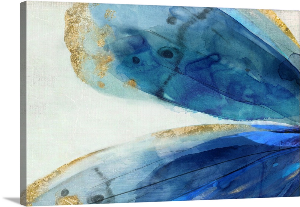 Abstract artwork of large blue areas edged with gold.