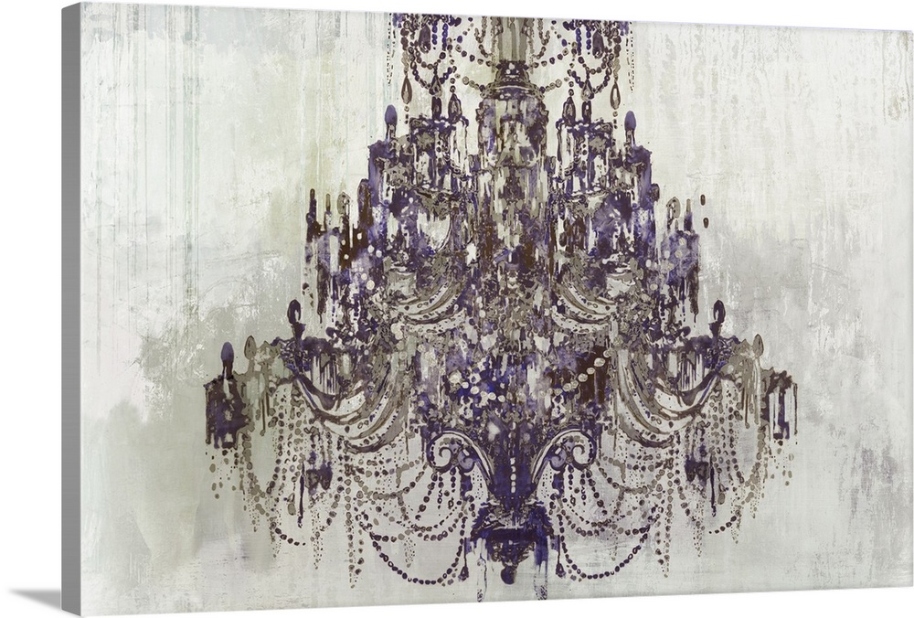 Illustration of a chandelier with pops of purple on a gray toned background with a streaky texture.