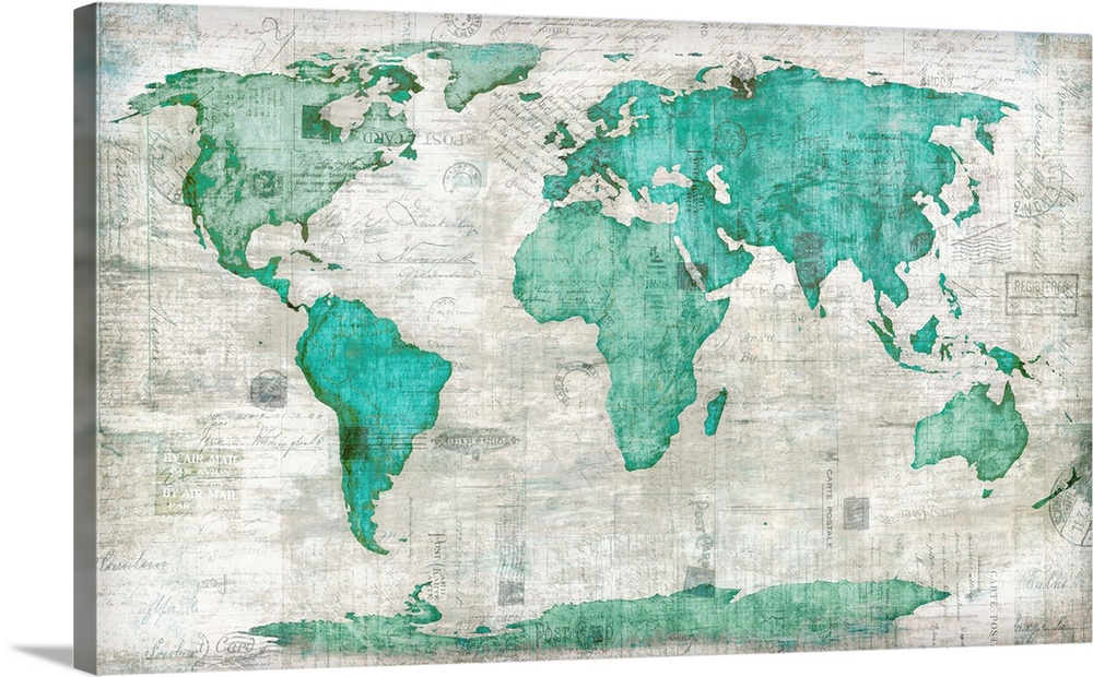 Map of the world in teal with a weathered appearance.