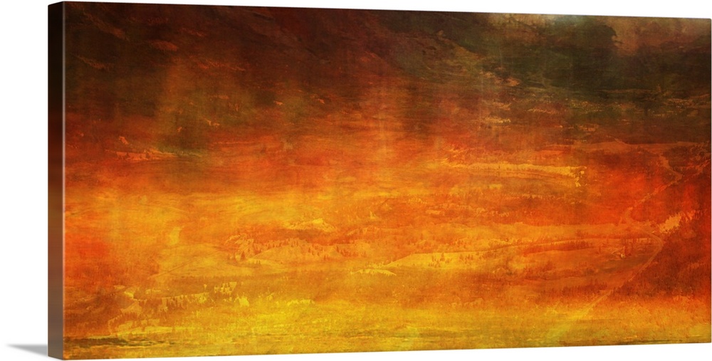 A horizontal abstract painting from a contemporary artist that uses warm fiery tones to generate motion and energy in this...