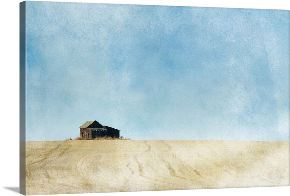 A painterly photo of a small abandoned farmhouse in the middle of a prairie grain field.