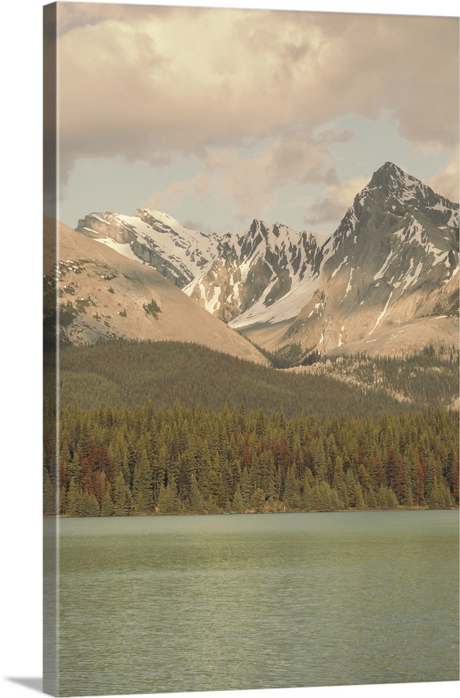 Wilderness shoreline of Pyramid Lake in Jasper National Park, Alberta, Canada