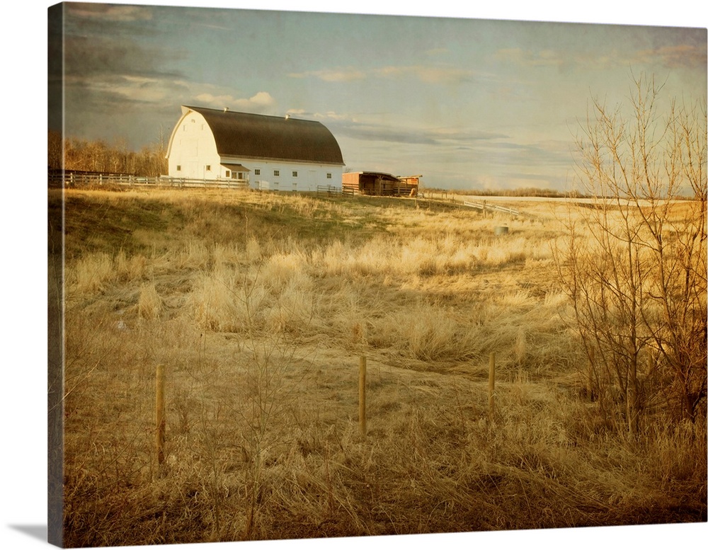 Pictorialist photo of a traditional white farm barn on a sunny spring morning on the prairies.
