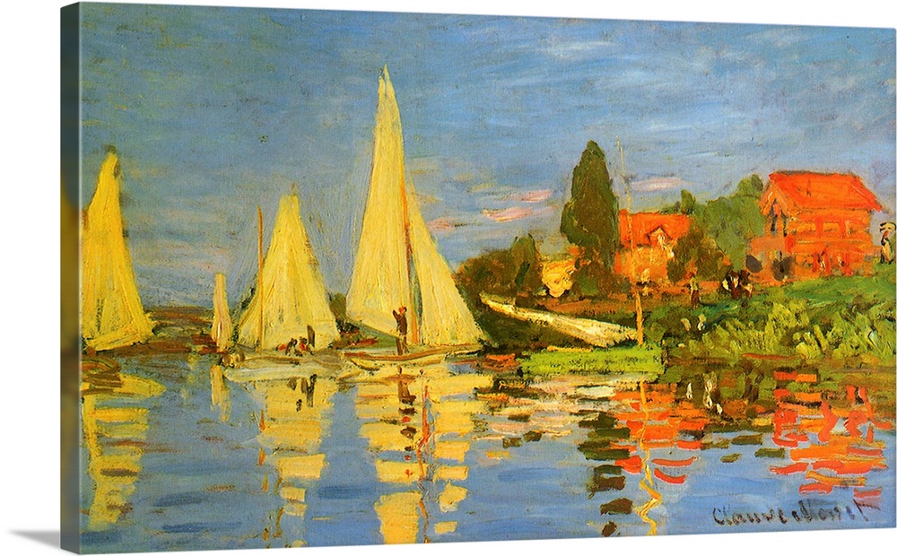 Artwork of several sail boats in the water about to set sail with their reflections seen in the water and small homes sit ...
