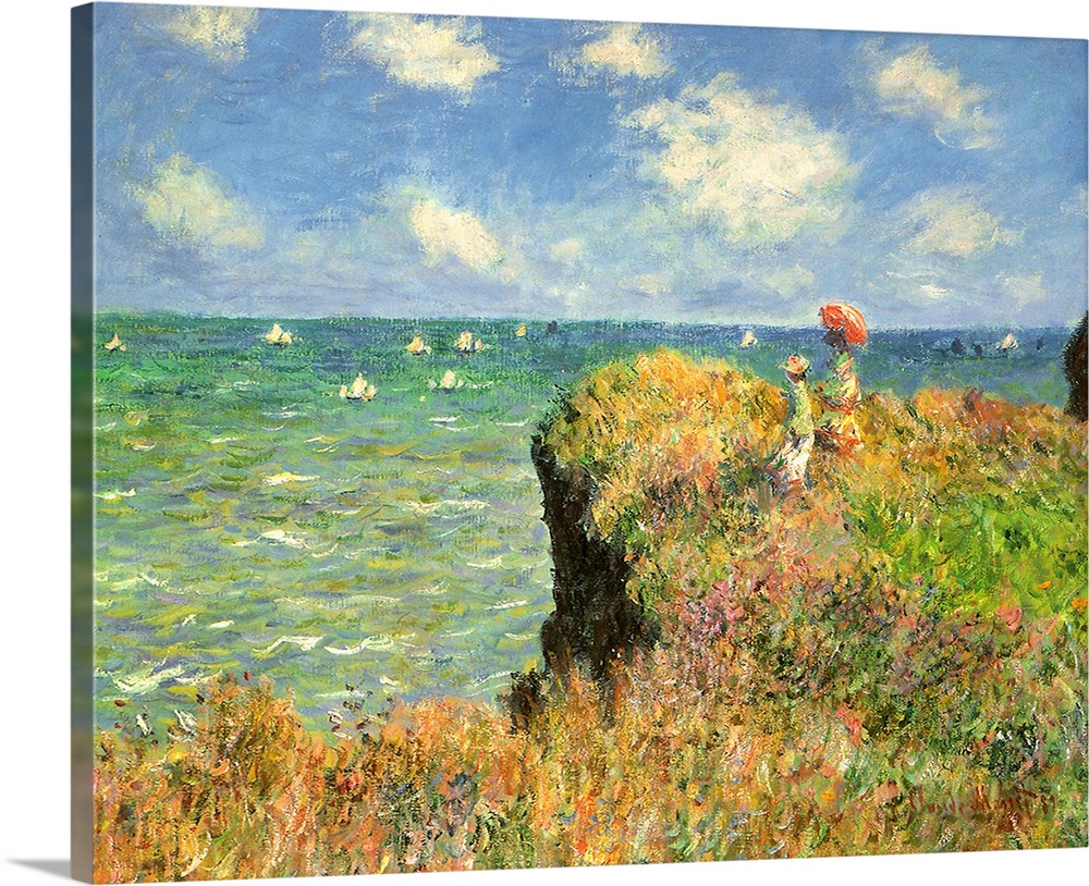 Painting of people on grassy cliff overlooking ocean full of sailboats under a cloudy sky.