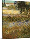 image thumbnail of Painting of colorful flower meadow with rooftop in the distance.