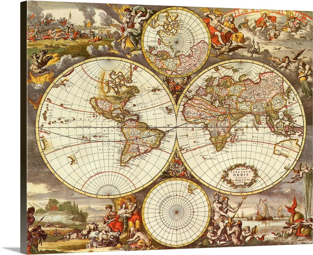 Big canvas print four different sides of a globe laid out with varying paintings in a collage surrounding them.