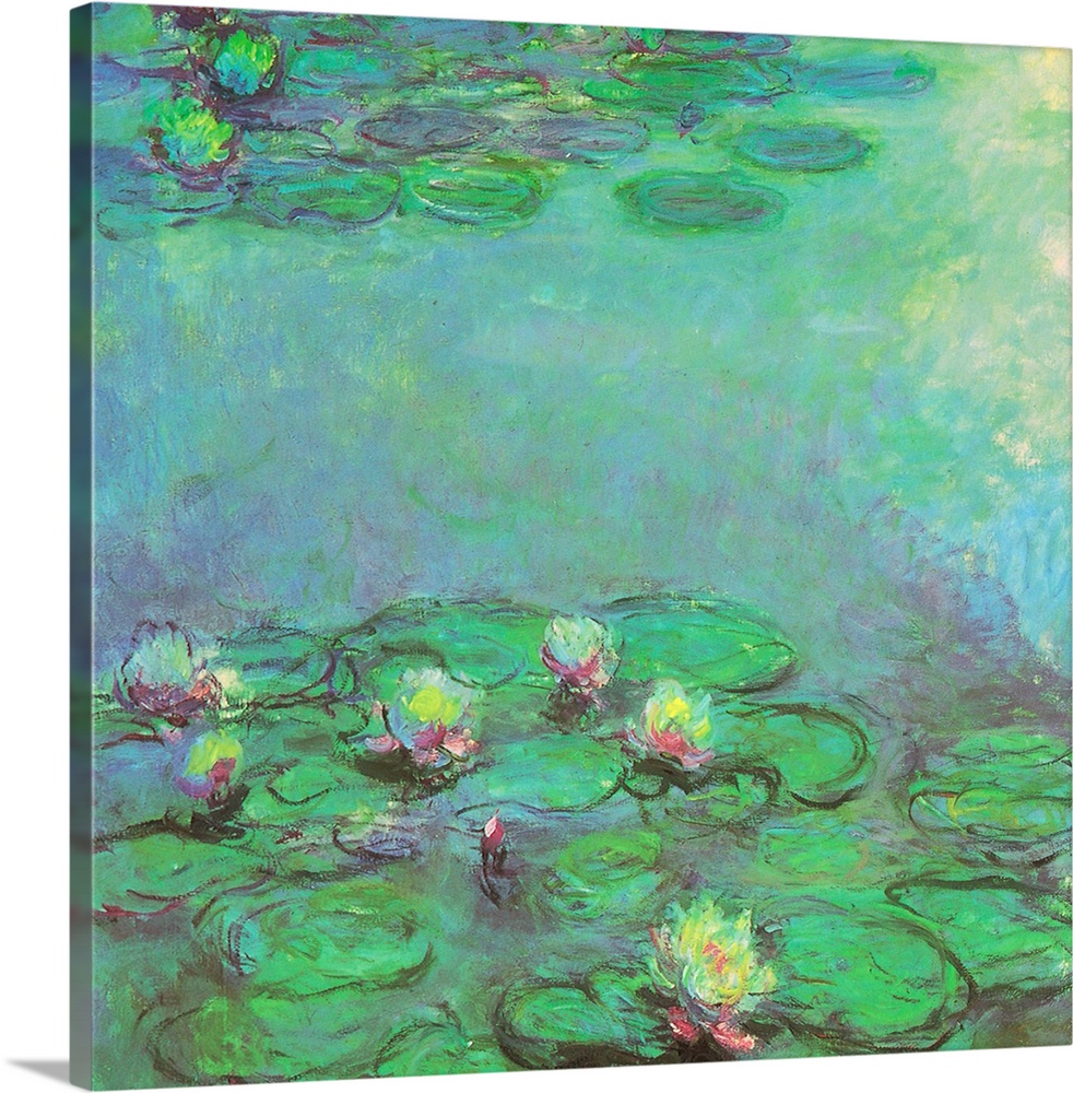 Square panel of an impressionist painting by Claude Monet of several flowers and lily pads in a cool, still pond.