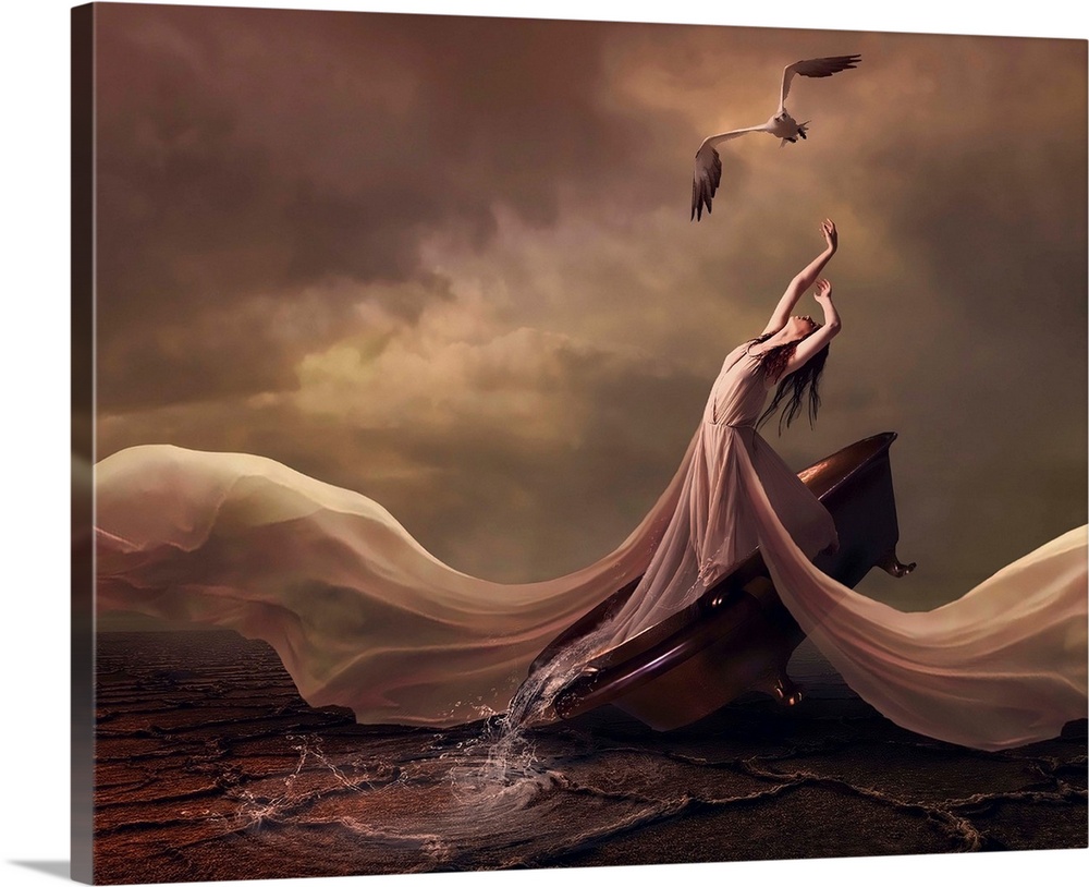 Image of a woman in a long flowing dress with her arms raised towards a bird i nthe sky, on a rocky coast.