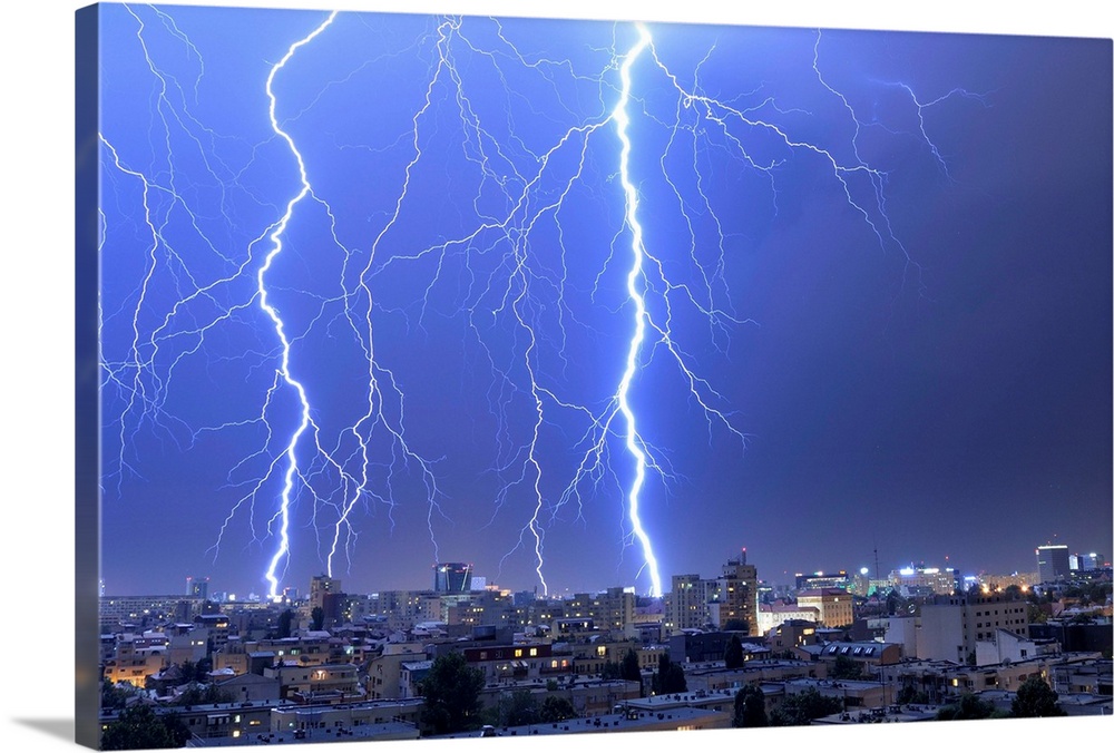 Multiple exposures of lightning strikes over Bucharest, Romania.
