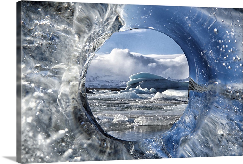 Looking through a hole of ice from a glacier.