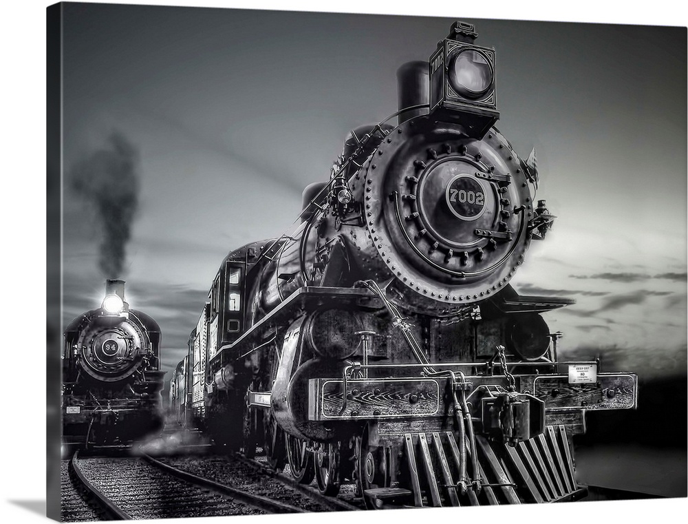 Black and white photograph of trains on a railroad together.
