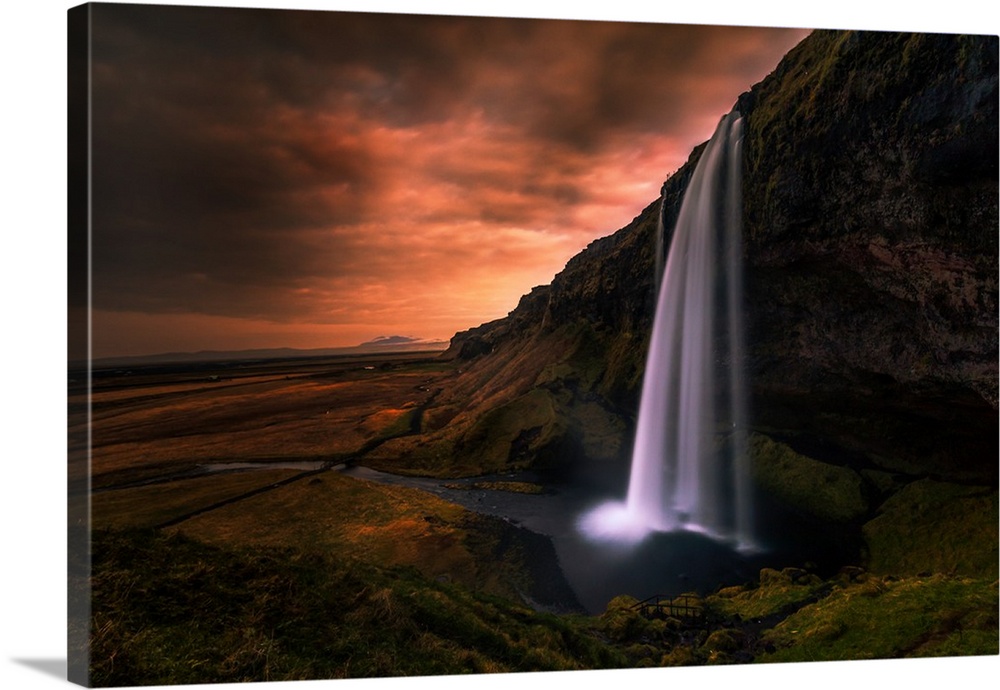 Seljalandsfoss Waterfall in Southern Iceland in the evening.