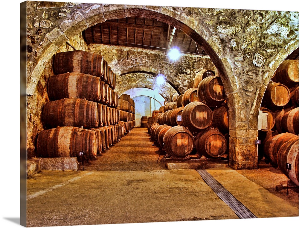 Stone wine cellar filled with wooden barrels.