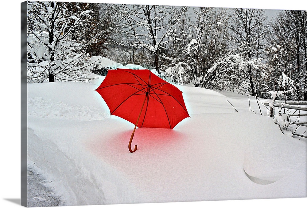 A bright red umbrella stands out against the white snowscape.