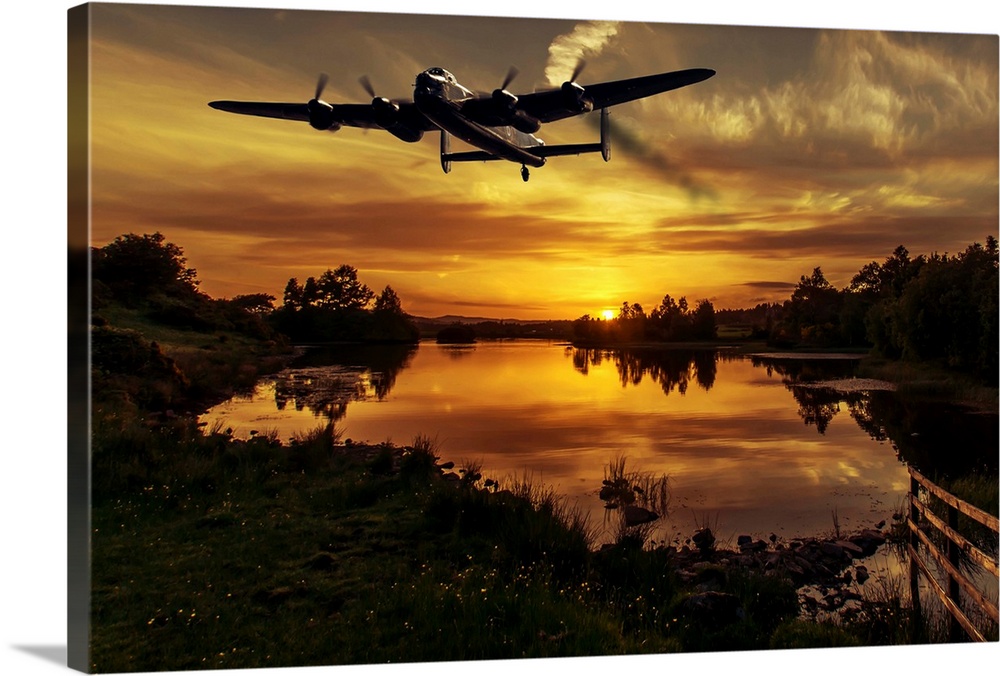 A Lancaster bomber heads home at sunset.