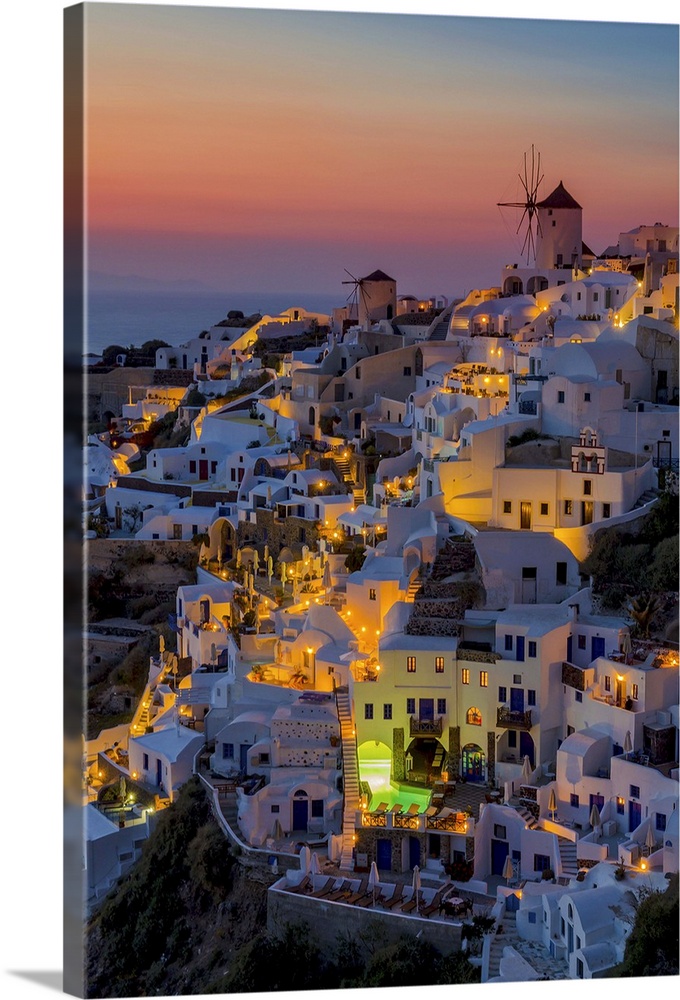 Aerial view of Santorini in Greece at sunset.
