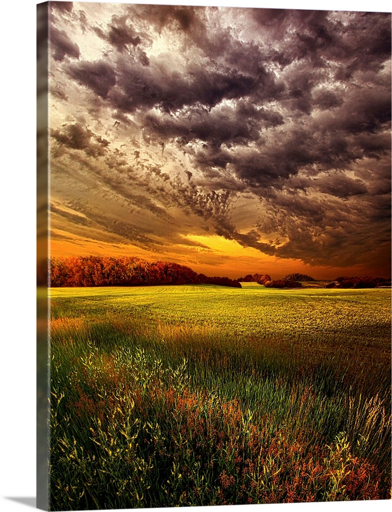 Dramatic cloudscape at sunset over a field of farmland.