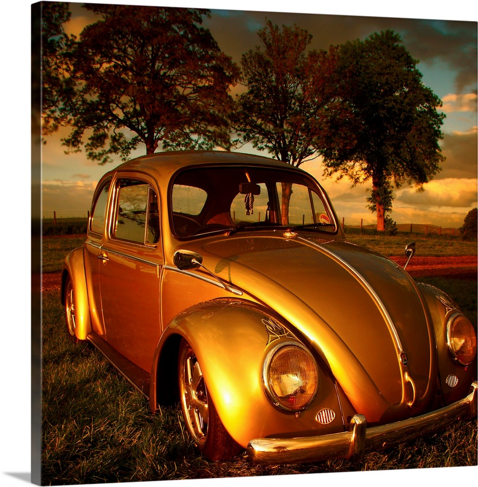 An old Volkswagen Beetle glowing golden in the sunlight.
