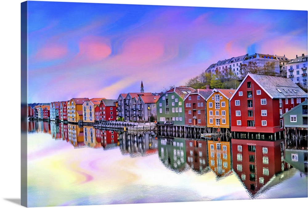 Colorful buildings along the river Nid, reflecting beautiful pastel shades, Norway.