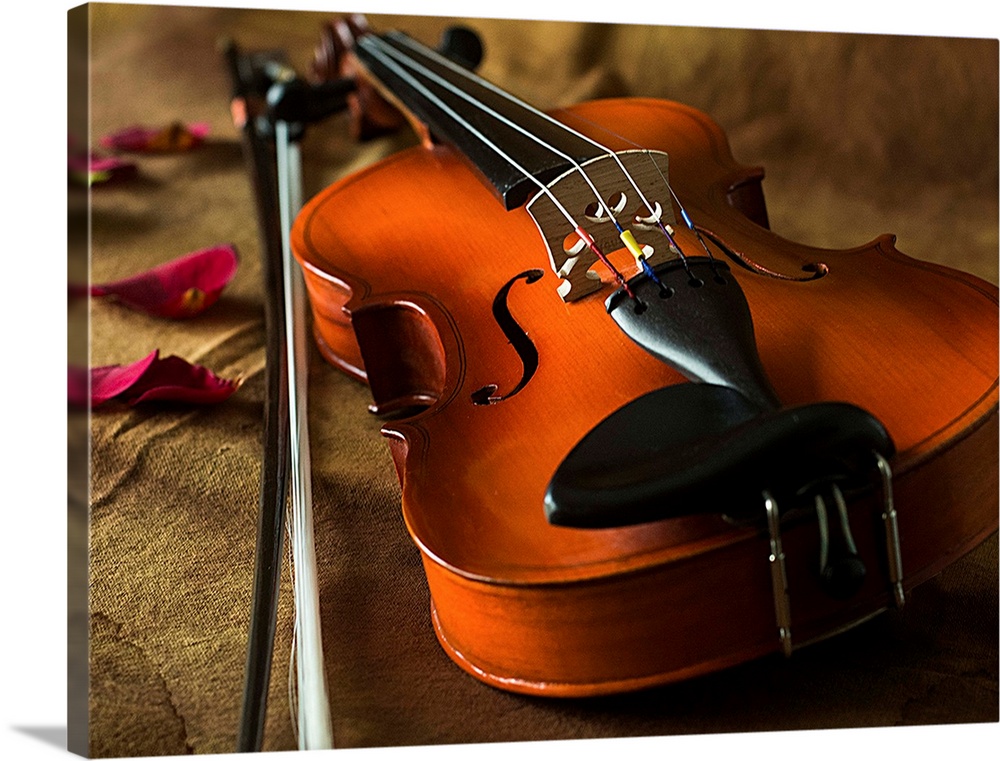 A violin and a bow laying on a brown backdrop with rose petals.