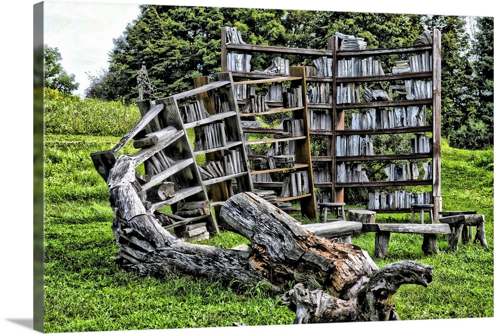 This is a wooden Library in the Stone Quarry Gallery Art Park in Cazenovia, New York.